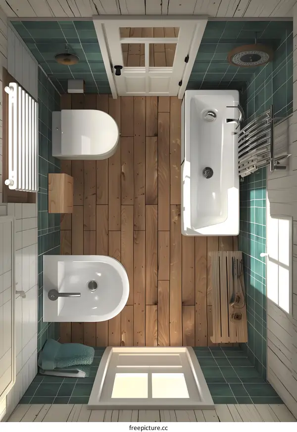 Top View of a Bathroom with White Fixtures and Green Tiles