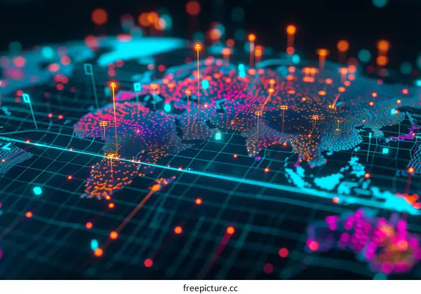 A digital map of the world showing internet connections