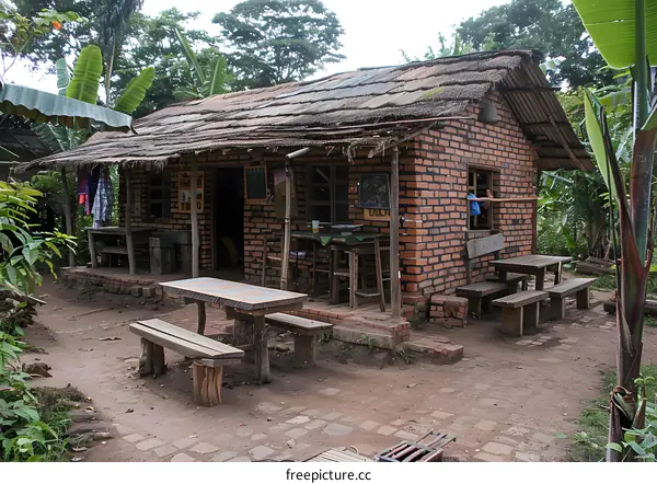 A small brick house with a thatched roof in the middle of a lush green forest