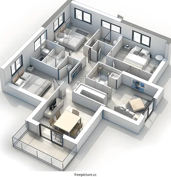 Modern Apartment Floor Plan with Three Bedrooms and a Balcony