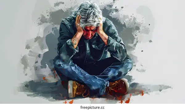 A man is sitting on the floor with his hands on his head