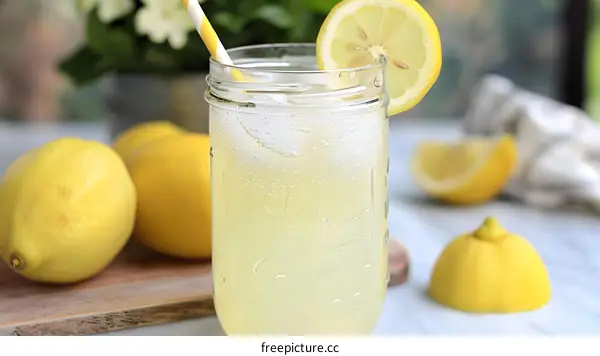 Refreshing Summer Lemonade Drink with Lemon Slices and Straw