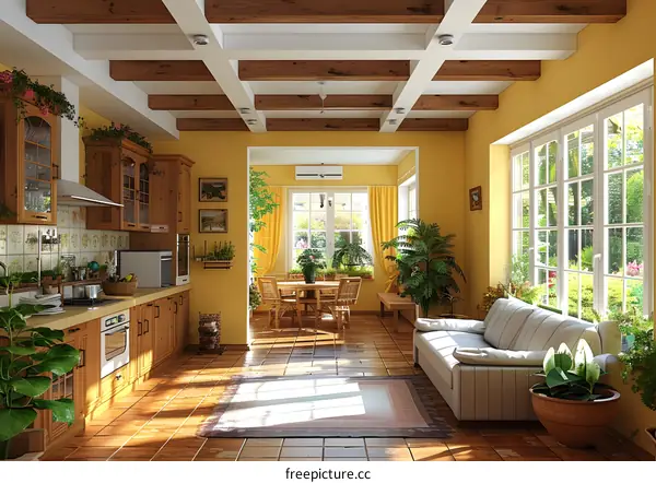 Kitchen Interior Design with Wooden Beams and Yellow Walls