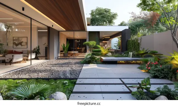 Courtyard with a modern house and garden