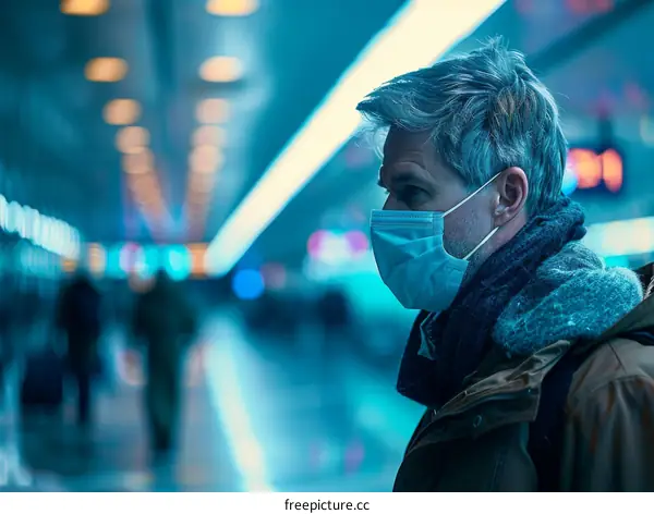 Man wearing a mask in a subway station