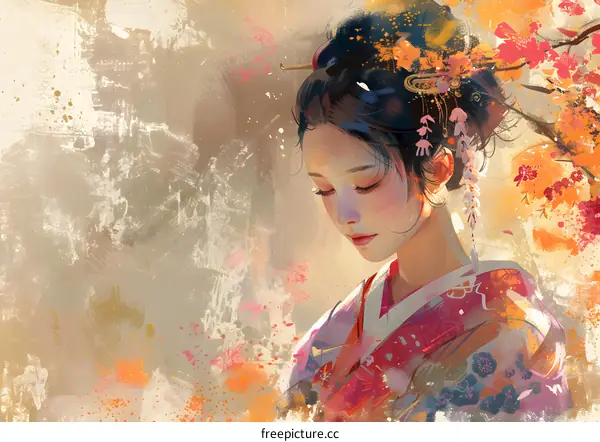 An illustration of a beautiful Japanese woman in a kimono with cherry blossoms in her hair