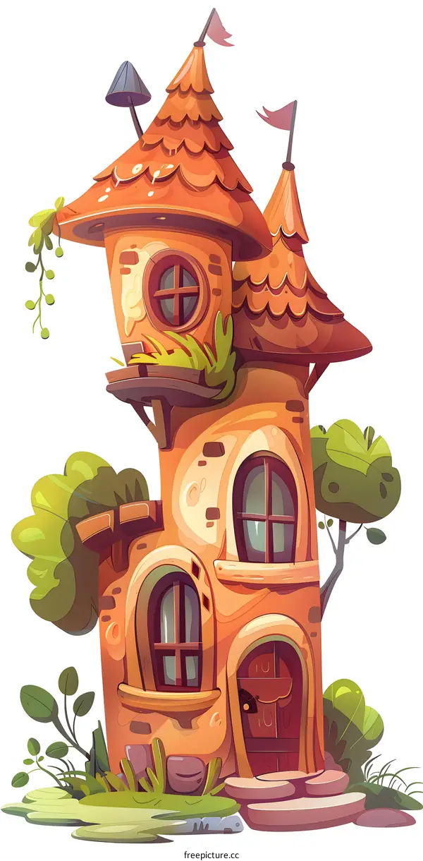 Cartoon illustration of a brown house with a thatched roof and a door