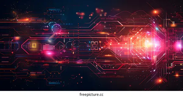 An illustration of a computer circuit board with glowing red and orange lines.