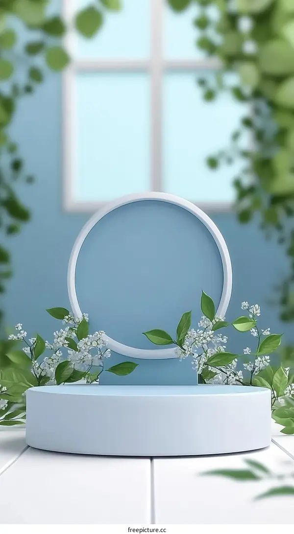 Pastel Blue Product Display with Blooming Flowers