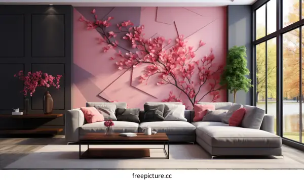 3D rendering of a modern living room interior with pink wall and gray sofa