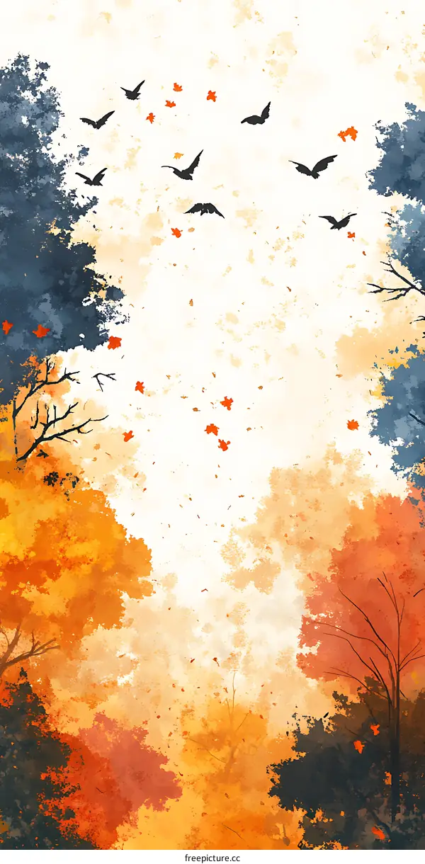 Autumn Forest with Falling Leaves and Flying Bats