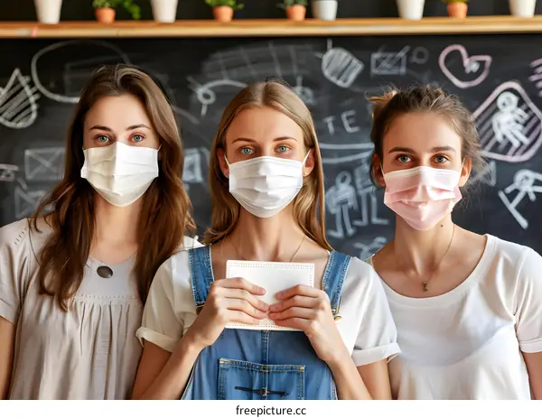 Three Young Women Wearing Face Masks In Front Of Chalkboard