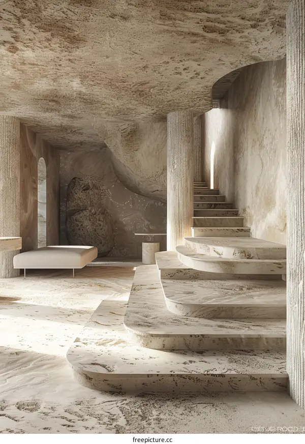Abstract Interior Design with Curved Stone Stairs