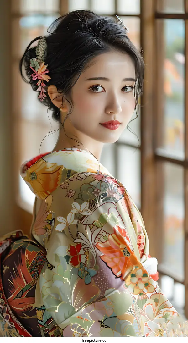 A Japanese girl wearing a kimono