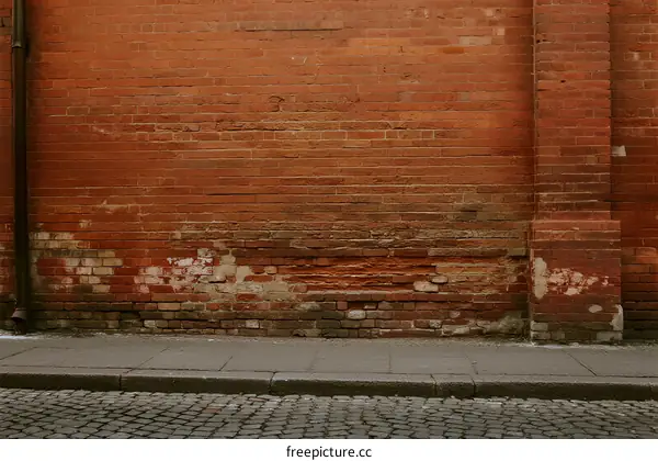 Old red brick wall with weathered paint and cobblestone ground