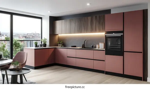 Modern Pink Kitchen Design with City View