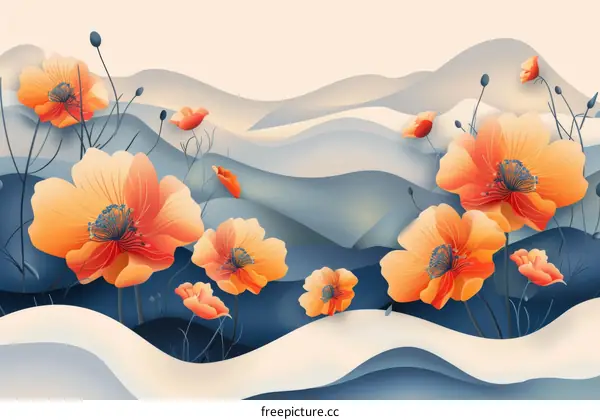 Hand-Painted Poppy Flowers and Hills Illustration
