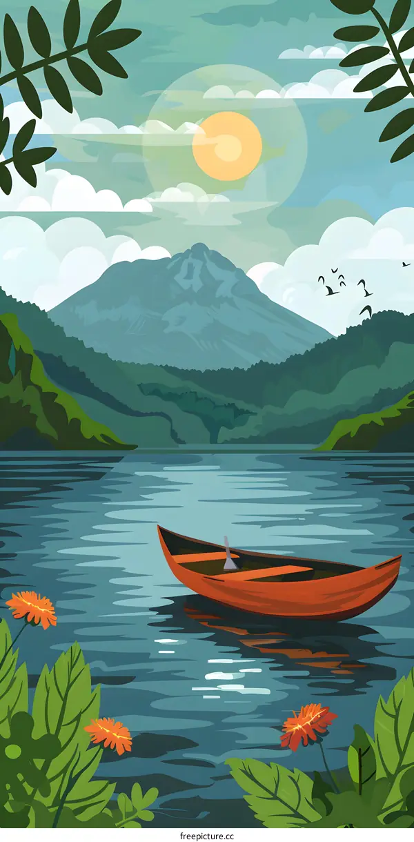 Mountain Lake Sunrise with Rowboat