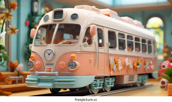 Pink and White Toy Train on Wooden Track in Colorful Room
