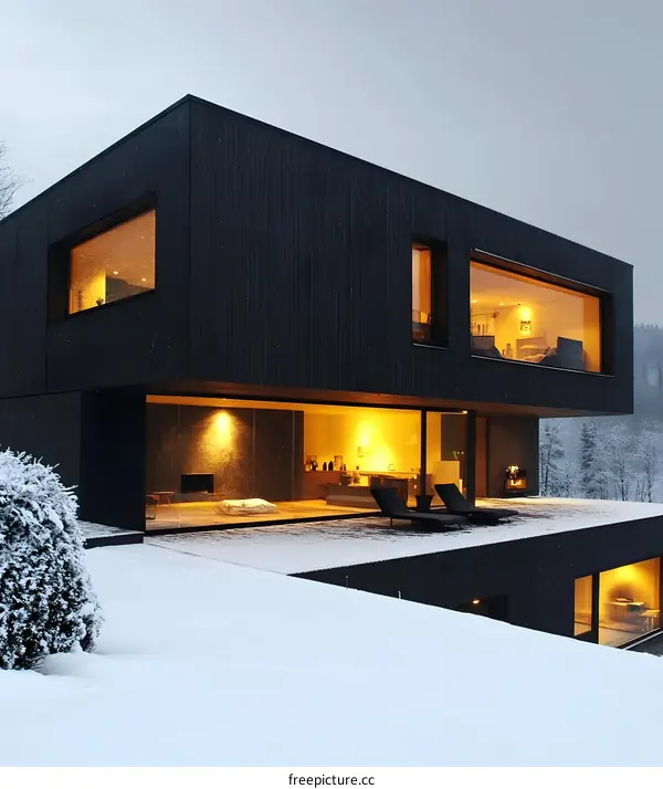 Modern Black House with Large Windows in Winter