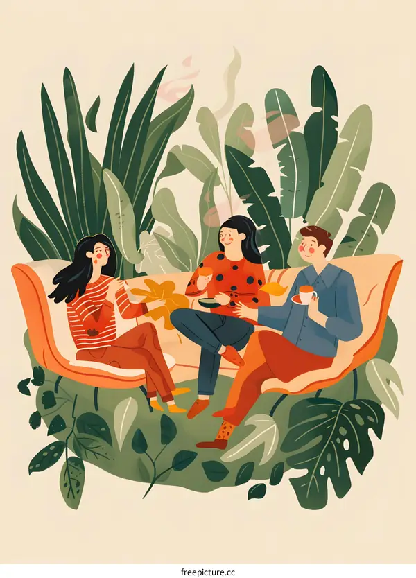 Friends Enjoying Tea Time Together On A Sofa Surrounded By Lush Greenery