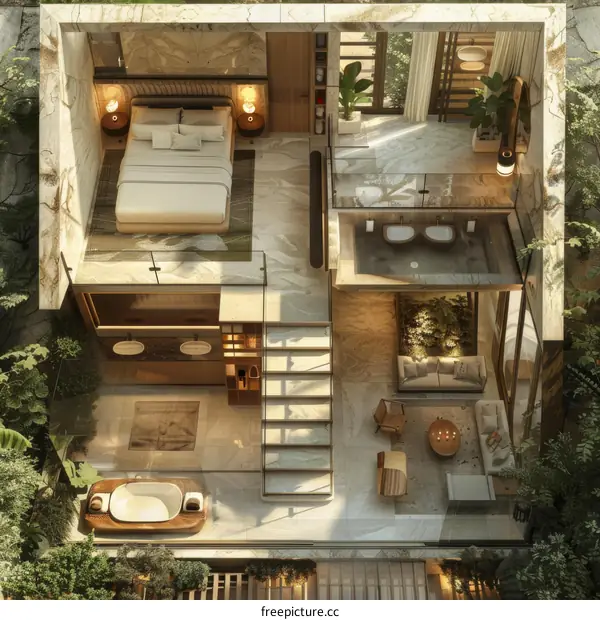 Birds Eye View of Modern Open Plan Apartment with Indoor Garden