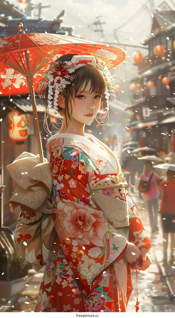 A woman wearing a kimono is holding a red umbrella.