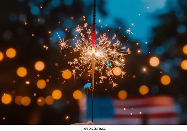 Hand holding a lit sparkler with an American flag in the background
