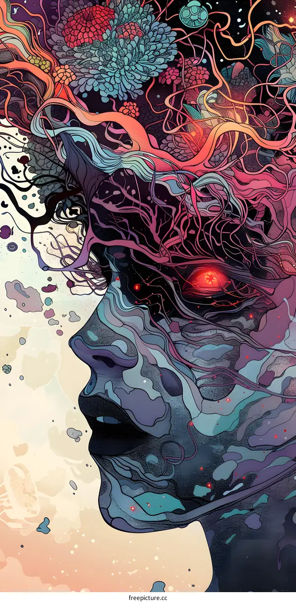 Abstract Portrait with Intricate Floral Details and Glowing Eye