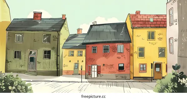 Hand Drawn Illustration of a Street in a Small Town