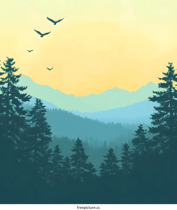 Silhouettes of Mountains with Forest and Birds