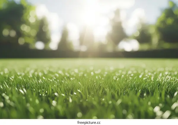 Close-up of green grass field with blurred trees and bright sunlight in the background