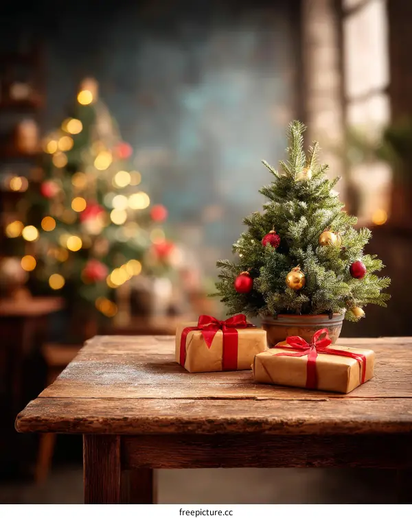 Christmas Decor on Wooden Table with Christmas Tree Background