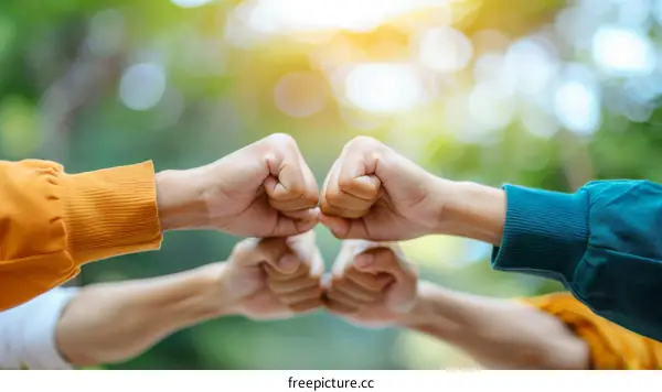 Multiracial people putting their fists together over blurred background of green nature
