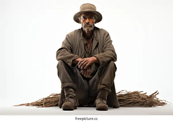 An old man is sitting on a pile of branches