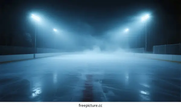 Foggy ice hockey rink illuminated by bright lights at night