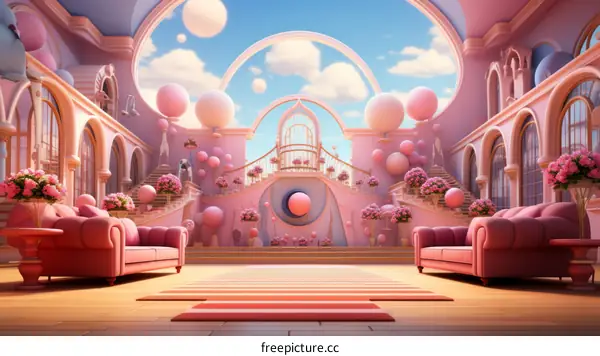 Whimsical Pink Surreal Dreamy Background with Stairs and Balloons