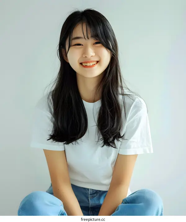 Smiling Asian Woman in White T Shirt and Jeans