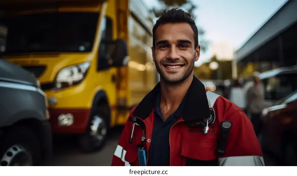 portrait of a young male paramedic smiling in front of an ambulance