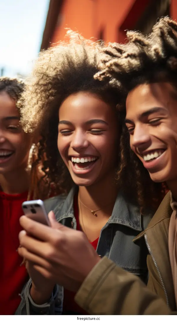 Three friends laughing while looking at a phone