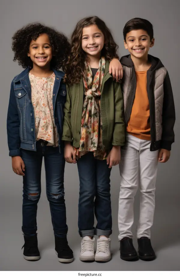 Three children of different ethnicities are posing for a photo in a studio.