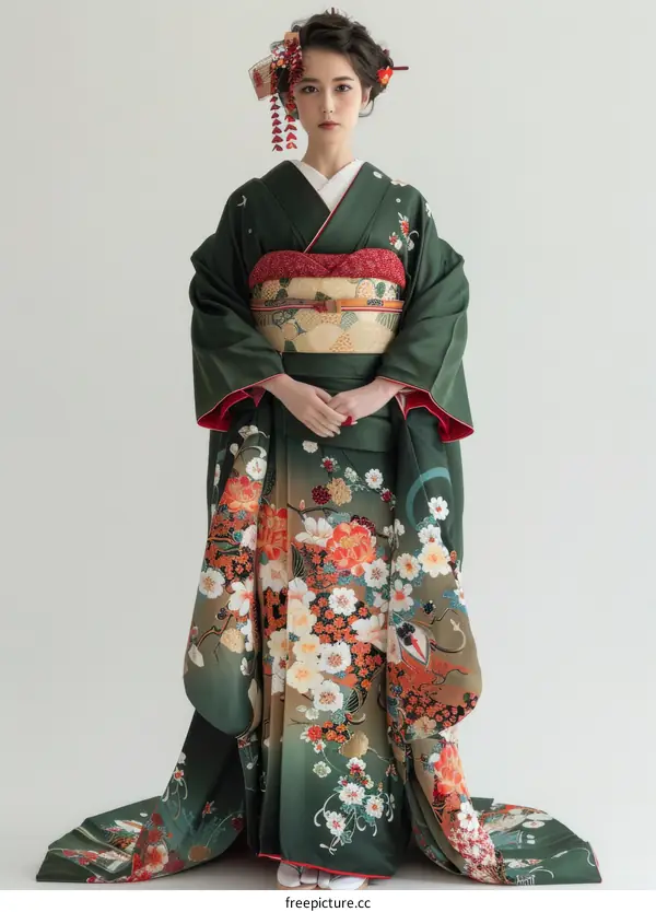 A woman wearing a green kimono with red and white flowers