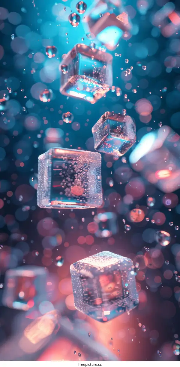 crystal clear ice cubes falling in water with a splash