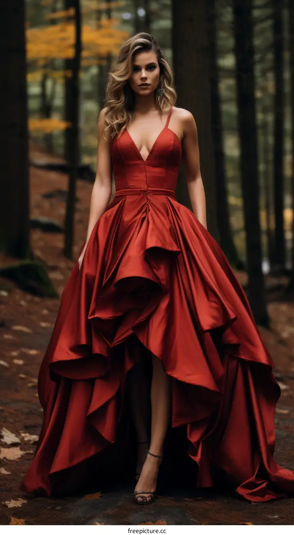 woman wearing red dress in forest