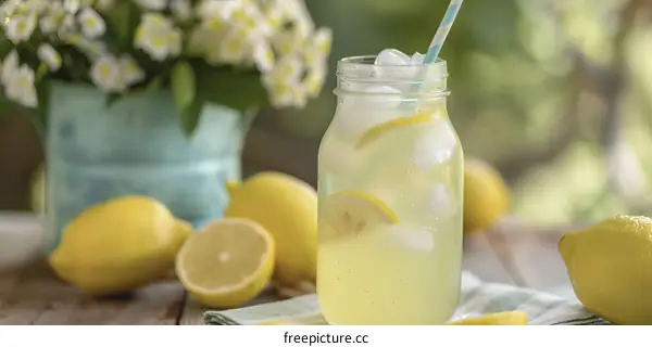Glass Jar of Lemonade with Lemons and Ice