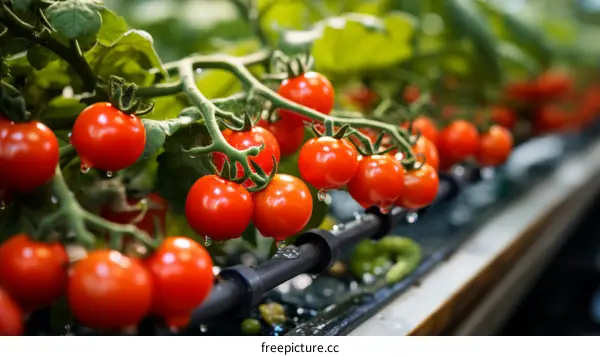Close-up of ripe tomatoes growing in a greenhouse
