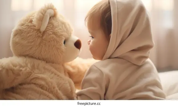 An adorable baby girl is sitting on a bed with her beloved teddy bear