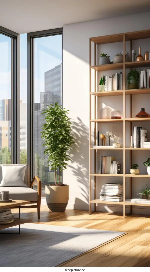 Modern Living Room with Bookshelf, Plant, and Rug