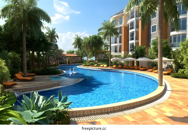 Tropical Resort Swimming Pool With Palm Trees And Building