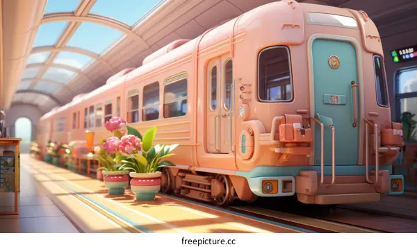 A pink and blue train sits in a station